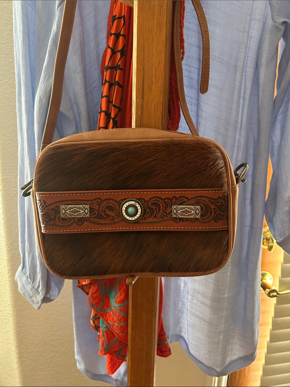 Brown Hair-on-Hide Crossbody Bag with Turquoise Concho Accent
